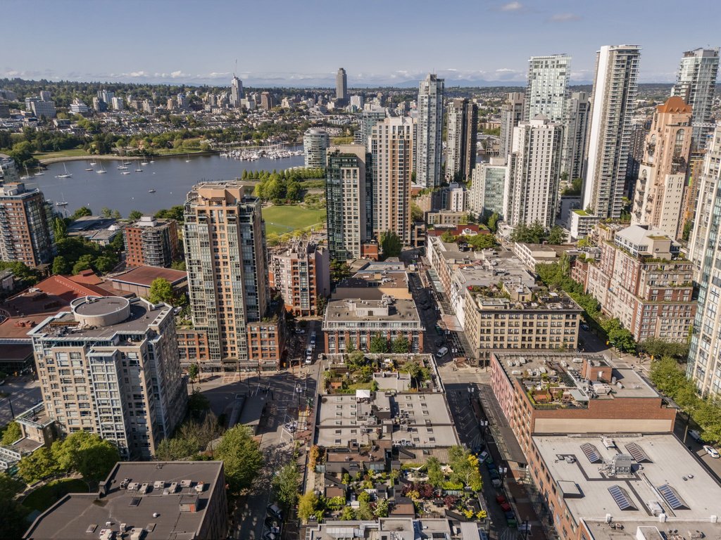 Aerial drone view of the Yaletown and downtown Vancouver skyline along the waterfront